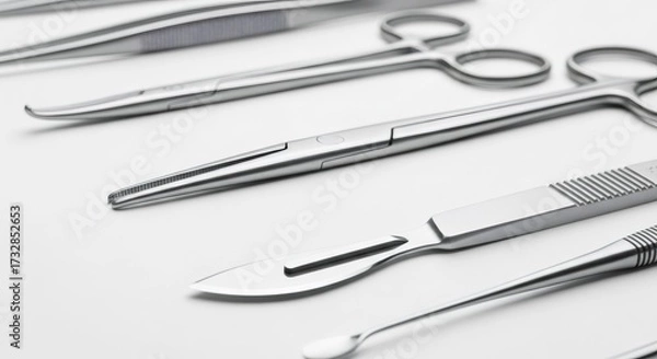 Fototapeta Set of sterile surgical instruments on a white background. Close-up of a scalpel, forceps, and scissors. Medical equipment for surgery and healthcare procedures