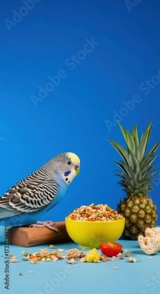 Fototapeta A blue budgerigar parakeet with a healthy food mix. Pet bird with a balanced diet of seeds and fruit on a blue background. Avian nutrition concept with copy space for text