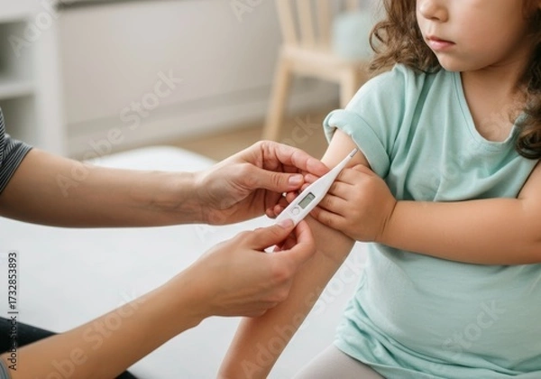 Fototapeta Pediatrician checking temperature of young girl in a cozy home environment with caring approach