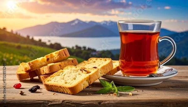 Fototapeta A tranquil scene with a cup of tea, rusk biscuits, and a mountain lake landscape under a sunset sky