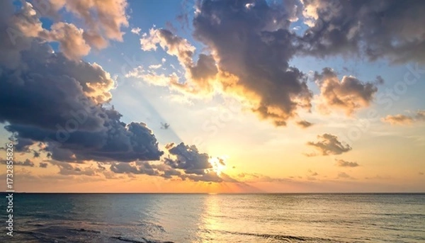 Fototapeta A tranquil seascape captures a golden sunset. Clouds billow across the sky, sunlight piercing through. Calm ocean waters reflect the warm glow