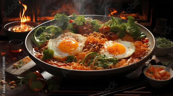 Fototapeta Capture the steam rising from a bowl of steaming ramen