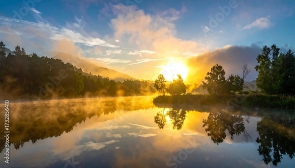 Fototapeta A tranquil sunrise over a misty lake, with golden light illuminating the landscape. Trees and hills are mirrored
