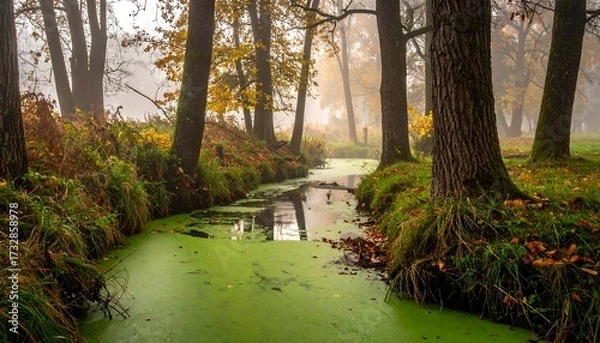 Fototapeta A tranquil woodland scene featuring a narrow waterway with vibrant green algae, flanked by trees exhibiting autumnal colors