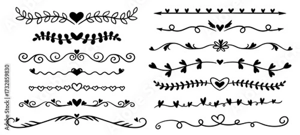 Fototapeta Vector illustration of heart text dividers clipart, decorative romantic borders and doodle heart cut file design
