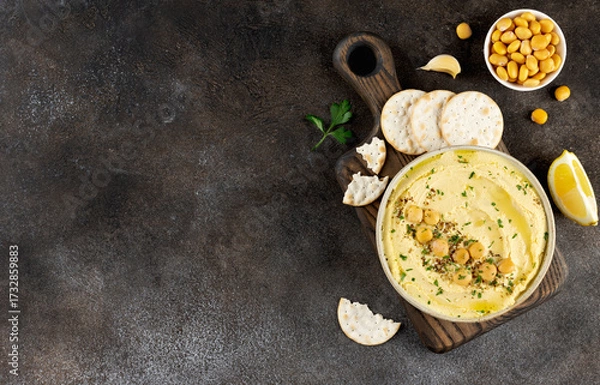 Fototapeta Lupini hummus with herbs, crackers, lemon on dark background.Healthy vegan snack.Top view.Copy space