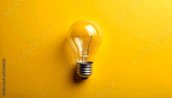 Fototapeta A transparent glass bulb rests on a vibrant yellow background, creating a stark contrast. The lightbulb is centered