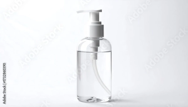 Fototapeta A transparent liquid is contained in a clear, cylindrical plastic bottle with a white pump dispenser. The background is white