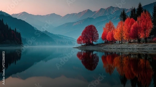 Fototapeta Majestic autumn scenery with vibrant red trees near calm lake and mountains during sunset