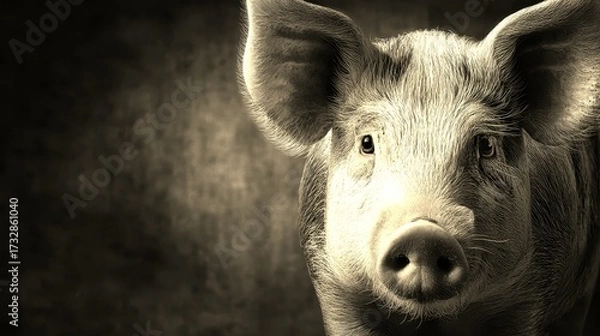 Fototapeta Pig posing for a portrait against a textured background in a farm setting