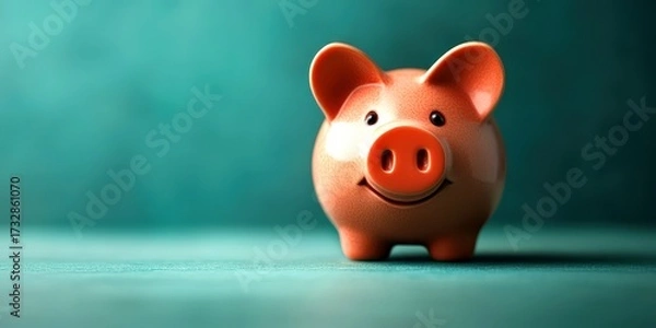 Fototapeta Happy piggy bank on a teal background ready to hold savings for the future and inspire financial goals