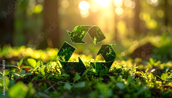 Fototapeta Transparent recycling symbol in sunlit forest with green foliage, representing sustainability and ecosystem preservation.