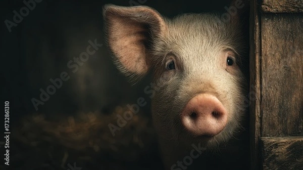 Fototapeta Curious piglet peeking from a wooden barn in a dimly lit farm setting during the early morning hours