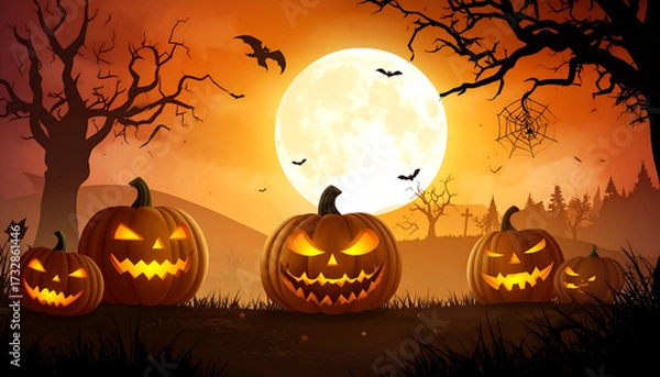 Obraz Glowing jack-o'-lantern with triangular eyes, nose, and jagged smile on black background, green curved stem.