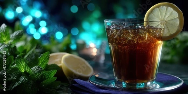 Fototapeta Refreshing iced tea with lemon and mint on a summer evening near glowing background lights