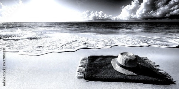 Fototapeta Relaxing on a beach with a towel and a straw hat under a sky in the afternoon