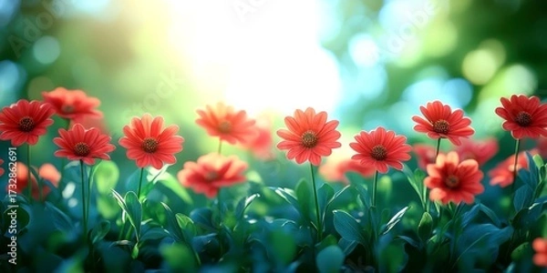 Fototapeta flowers bloom in a sunlit garden surrounded by lush greenery during a serene afternoon