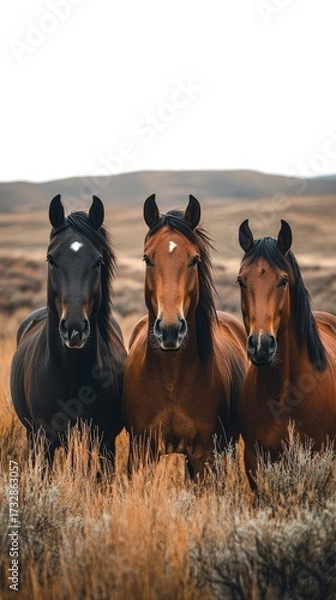 Fototapeta Horses standing together in a field during cloudy weather in a serene landscape