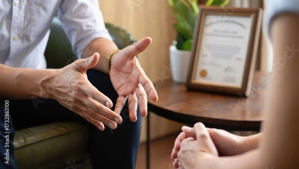 Fototapeta Professional counselor providing mental health support and guidance, engaging in a therapy session, discussing solutions for well being, offering advice and psychological assistance