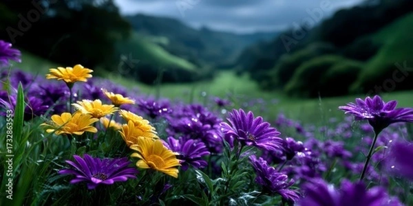 Fototapeta wildflowers bloom in a lush valley surrounded by rolling hills under a cloudy sky at dusk