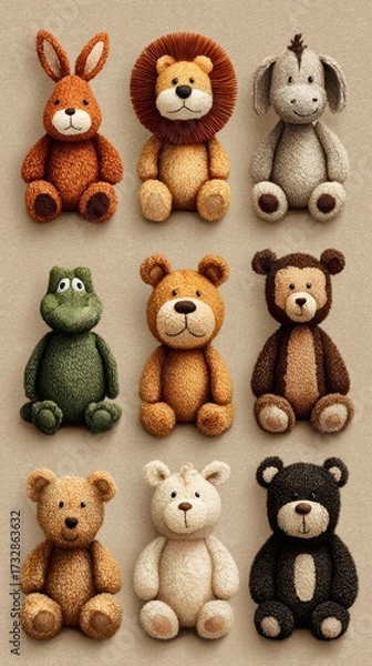 Fototapeta Soft toy collection featuring various cuddly animal designs on a neutral background