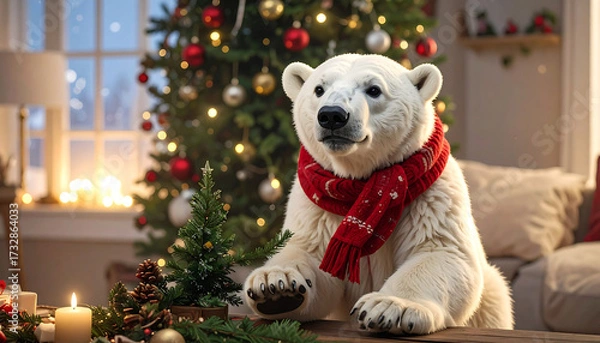 Obraz Festive polar bear in Santa hat and scarf standing before lit Christmas tree with gifts and snowy forest.