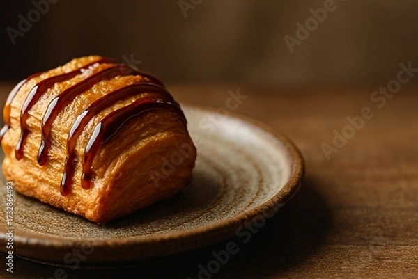Obraz Appetizing close-up of golden-brown crunchy pastry with rich sauce, ideal for dessert packaging or culinary blogs.