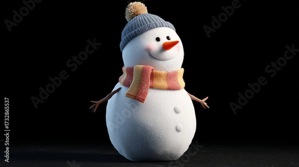 Fototapeta Cheerful snowman with a blue hat and colorful scarf stands proudly on a dark background celebrating winter joy and fun Generative AI