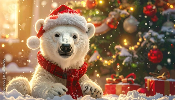 Obraz Festive polar bear in Santa hat and scarf standing before lit Christmas tree with gifts and snowy forest.
