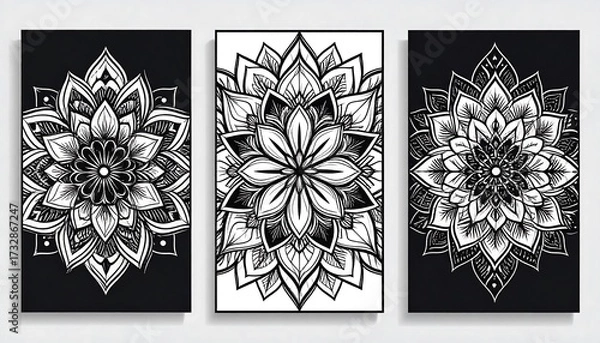 Fototapeta A triptych of intricate floral-inspired designs. Featuring symmetrical, detailed patterns with alternating black and white backgrounds