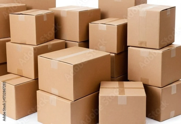 Fototapeta Cardboard boxes: A visually engaging composition showcases a variety of sturdy cardboard boxes, meticulously stacked. capturing the essence of logistics, packaging. Ai generated image