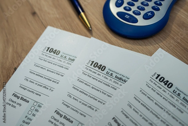 Fototapeta Close-up of 2024 tax documents, a calculator, and a pen for financial review.