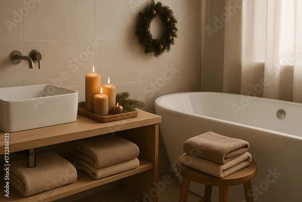 Fototapeta A bathroom with subtle Christmas notes in the form of mocha mousse. A tray with candles in neutral tones and a fir twig on the table, soft sand-colored towels, a wooden stool, soft diffused light.