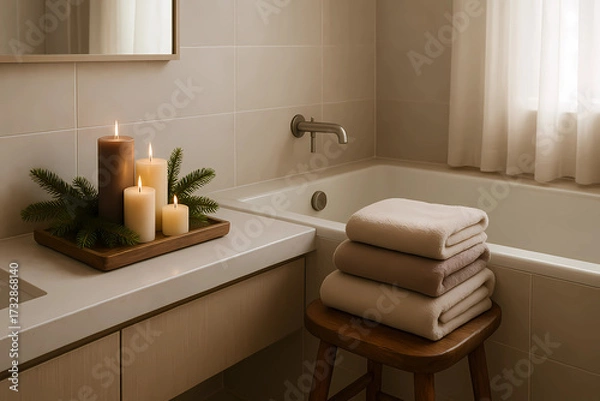 Fototapeta A bathroom with subtle Christmas notes in the form of mocha mousse. A tray with candles in neutral tones and a fir twig on the table, soft sand-colored towels, a wooden stool, soft diffused light.