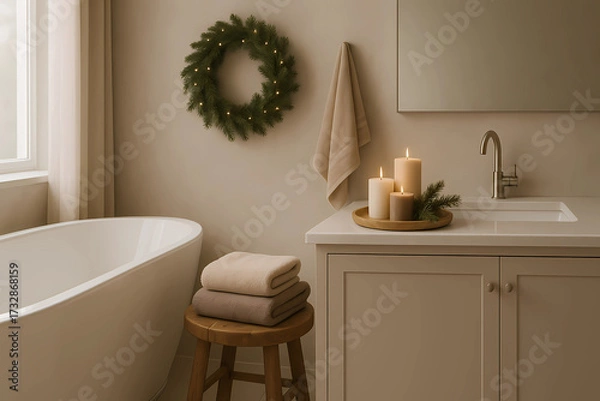 Fototapeta A bathroom with subtle Christmas notes in the form of mocha mousse. A tray with candles in neutral tones and a fir twig on the table, soft sand-colored towels, a wooden stool, soft diffused light.