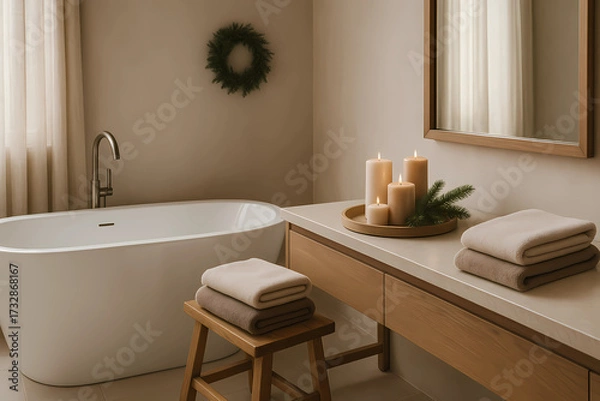 Fototapeta A bathroom with subtle Christmas notes in the form of mocha mousse. A tray with candles in neutral tones and a fir twig on the table, soft sand-colored towels, a wooden stool, soft diffused light.