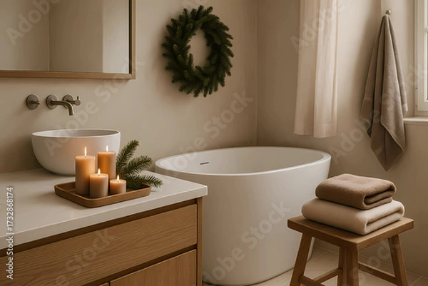Fototapeta A bathroom with subtle Christmas notes in the form of mocha mousse. A tray with candles in neutral tones and a fir twig on the table, soft sand-colored towels, a wooden stool, soft diffused light.