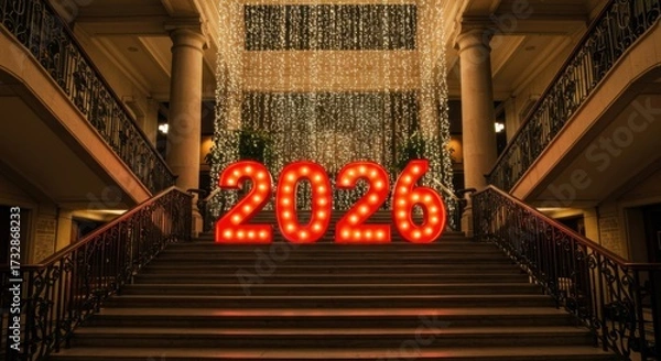 Fototapeta Bright red number 2026 glowing on staircase.