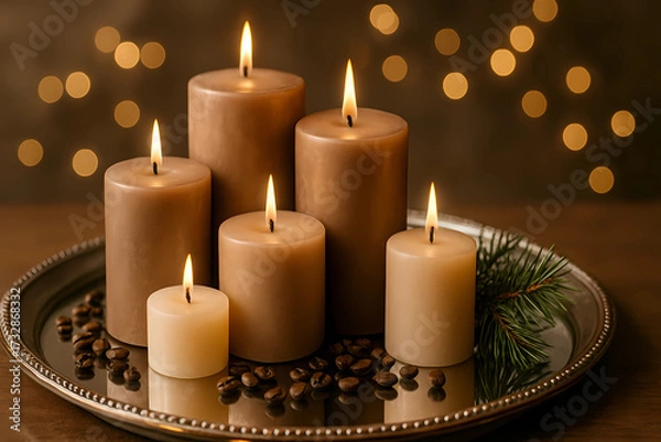 Fototapeta Mirrored tray, mocha mousse Christmas decor. A collection of candlesticks on pillars of different heights in cream, dark gray and mocha shades, scattered coffee beans, a sprig of pine.