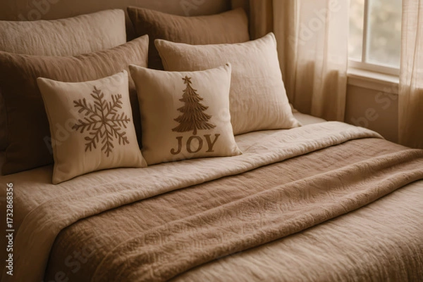 Fototapeta A mocha mousse-style bed. Linen in cream and cocoa shades, a bedspread with a delicate jacquard pattern, decorative pillows with festive motifs, soft morning light
