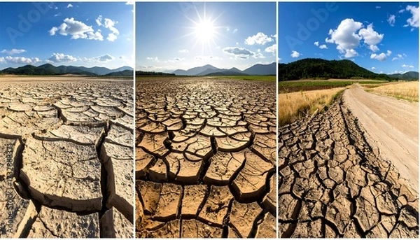 Fototapeta A triptych showcasing a barren landscape of cracked earth under a scorching sun. The panels display dry land, hills, and an empty road