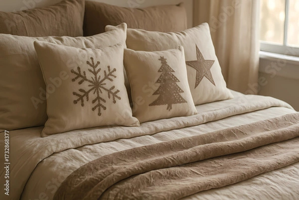 Fototapeta A mocha mousse-style bed. Linen in cream and cocoa shades, a bedspread with a delicate jacquard pattern, decorative pillows with festive motifs, soft morning light