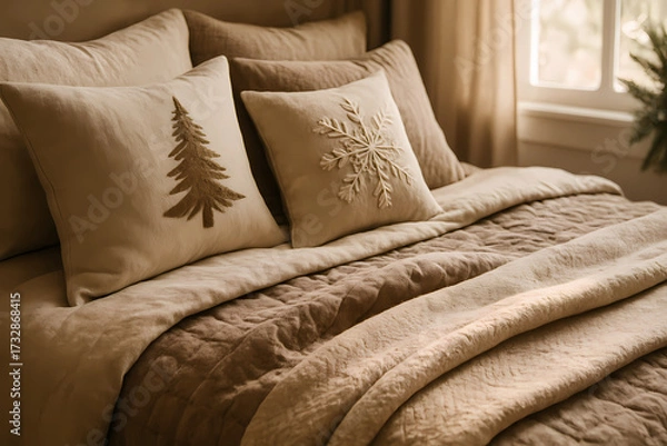 Fototapeta A mocha mousse-style bed. Linen in cream and cocoa shades, a bedspread with a delicate jacquard pattern, decorative pillows with festive motifs, soft morning light