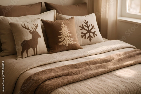 Fototapeta A mocha mousse-style bed. Linen in cream and cocoa shades, a bedspread with a delicate jacquard pattern, decorative pillows with festive motifs, soft morning light