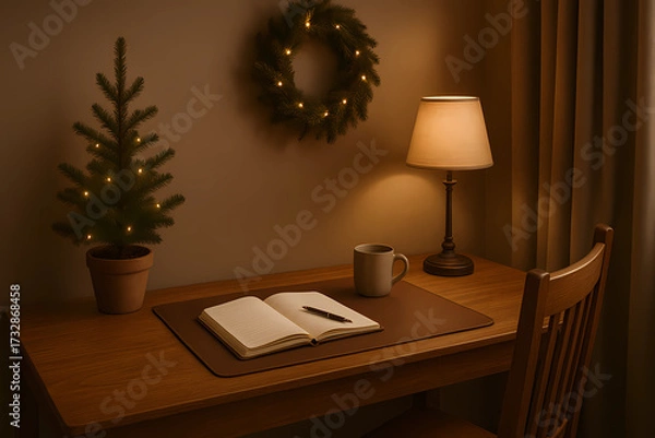 Fototapeta A wooden table with leather upholstery, a small fir tree in a pot, a ceramic mug, an open notebook, the soft light of a table lamp with a cloth shade, a warm and peaceful atmosphere.