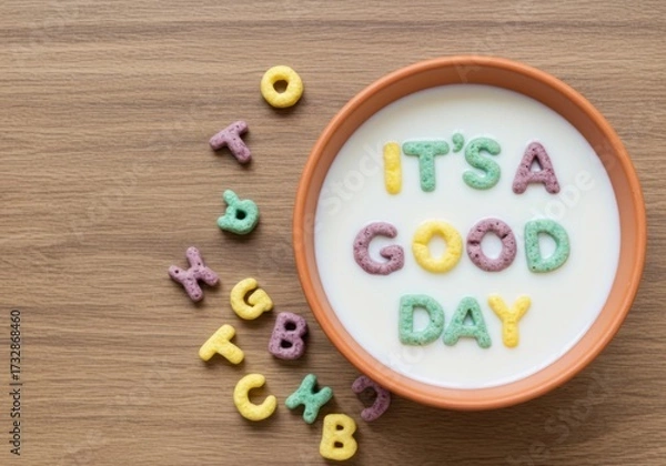 Fototapeta Milk bowl with alphabet cereal shaping uplifting words "It's A Good Day".