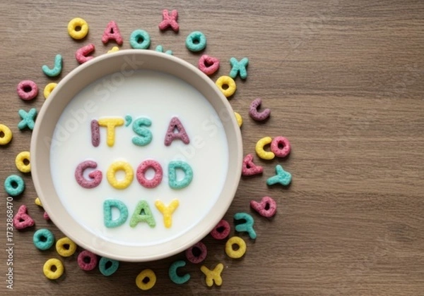 Fototapeta Colorful breakfast cereal forming positive phrase "It's A Good Day" in milk bowl.