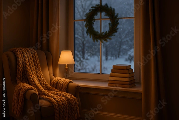 Fototapeta A cozy corner by the window at dusk . A reading chair with a caramel-colored knitted blanket, a stack of books on the windowsill, a fir wreath on the window frame, a snowy evening, warm interior light