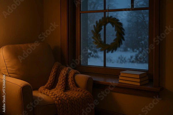 Fototapeta A cozy corner by the window at dusk . A reading chair with a caramel-colored knitted blanket, a stack of books on the windowsill, a fir wreath on the window frame, a snowy evening, warm interior light