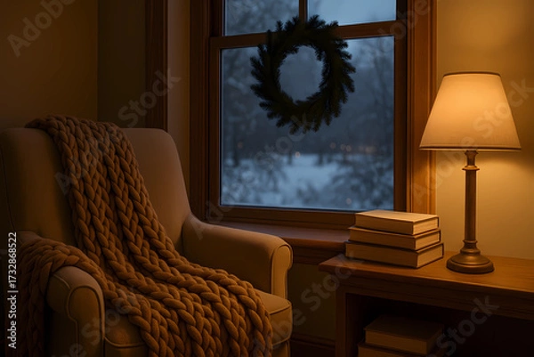Fototapeta A cozy corner by the window at dusk . A reading chair with a caramel-colored knitted blanket, a stack of books on the windowsill, a fir wreath on the window frame, a snowy evening, warm interior light